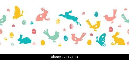 Seamless Easter vector border with bunnies butterflies and birds. Repeating horizontal pattern Easter rabbit and eggs silhouettes. Cute border for Stock Vector