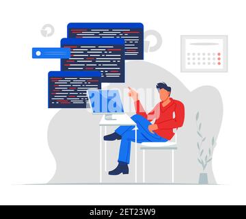 Professional programmer writing code for testing computer software, flat vector illustration isolated on white background. Man using computer for fixi Stock Vector