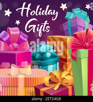Birthday or Christmas holiday gifts wrapped in colorful paper and decorated ribbons bows. Different shape giftboxes in ornate, stripped wrapping paper Stock Vector