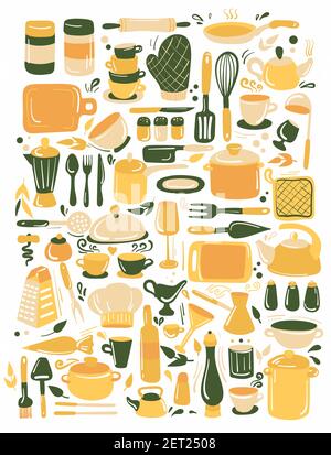 Set of kitchenware and utensils hand drawn vector illustration. Colorful green and yellow modern hand drawn style  isolated on white background. Stock Vector