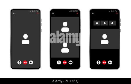Group video meeting UI, video conference calls window overlay. Three phone screen Stock Vector