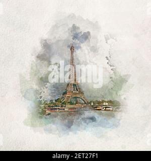 Eiffel Tower in Paris, France in watercolor painting. World's most famous cities and tourist spots. Stock Photo
