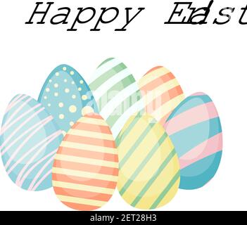 Hand drawn colored Easter eggs card isolated on white background. Decorative doodle frame made of Easter eggs. Ornamented Easter eggs circular shape. Vector illustration Stock Vector