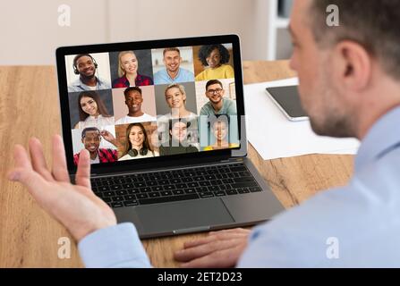 Male Entrepreneur Communicating With Employees Via Video Call On Laptop, Collage Stock Photo