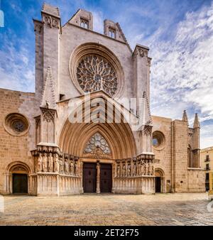 The South East facade of Tarragona Metropolitan Cathedral from Pla de la Seu in Tarragona, Spain. Stock Photo