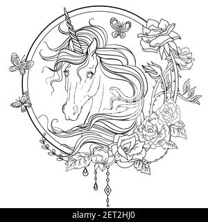 Elegant unicorn with a long mane with butterflies in floral frame. Vector black and white isolated contour illustration for coloring book pages, desig Stock Vector