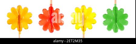 set of lollipops in the shape of a flower. lollipops on a white background. Stock Photo