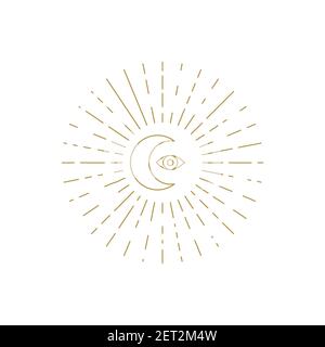 Moon and eye with rays, mystical geometric sacred symbol. Astrological print. Vector illustration. Tattoo illustration Stock Vector