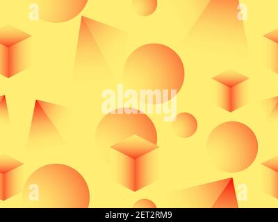 Geometric shapes with yellow and orange gradient seamless pattern. Cones, triangles, pyramids design for printing on wrappers, packaging, fabrics and Stock Vector