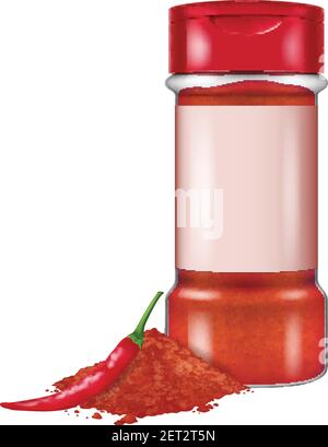 Bottle of chili powder and chili pepper isolated on white background. Vector illustration. Stock Vector