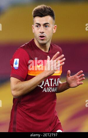 Stephan El Shaarawy of Roma reacts during the Italian championship Serie A football match between AS Roma and AC Milan on February 28, 2021 at Stadio Olimpico in Rome, Italy - Photo Federico Proietti / DPPI / LiveMedia Stock Photo