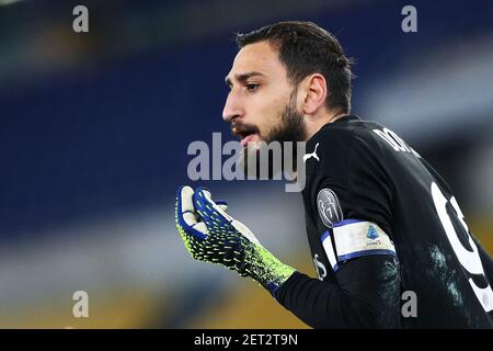 Gianluigi Donnarumma of Milan reacts during the Italian championship Serie A football match between AS Roma and AC Milan on February 28, 2021 at Stadio Olimpico in Rome, Italy - Photo Federico Proietti / DPPI / LiveMedia Stock Photo