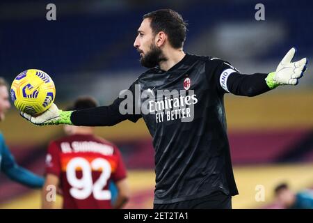 Gianluigi Donnarumma of Milan reacts during the Italian championship Serie A football match between AS Roma and AC Milan on February 28, 2021 at Stadio Olimpico in Rome, Italy - Photo Federico Proietti / DPPI / LiveMedia Stock Photo