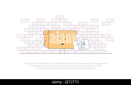 Illustration cartoon character with 404. Page not found. Character holds up a sign on bricks background Stock Vector