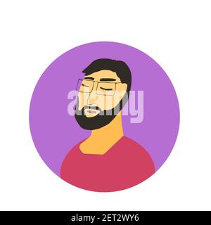 Male avatar icon. Face of bearded young man with glasses. Man's head in round emblem. Vector flat illustration. Stock Vector