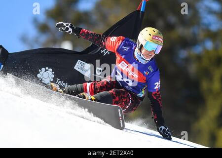 Rogla, Slovenia. 01st Mar, 2021. Sabine Schoeffmann of Austria in action during the first qualifying round of Men's Parallel Giant Slalom at FIS Snowboard Alpine World Championship - Rogla 2021. Credit: SOPA Images Limited/Alamy Live News Stock Photo