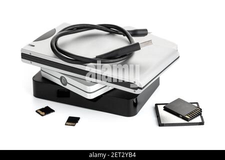 Group of external Hard disks and memory cardsisolated on white background. Data storage concept Stock Photo