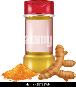 Bottle of turmeric or curcuma longa powder and turmeric root isolated on white background. Vector illustration. Stock Vector