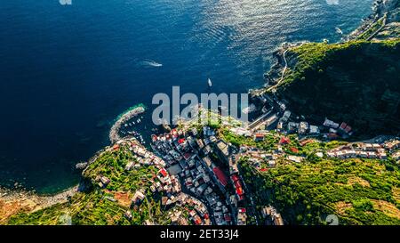 Drone view of the famous Riomaggiore village in Cinque Terre Italy Stock Photo