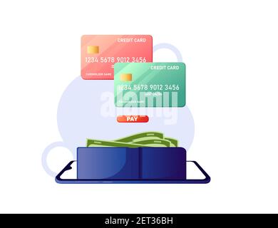 Blue wallet with dollars and credit cards red pay button e-commerce vector illustration on white background Stock Vector