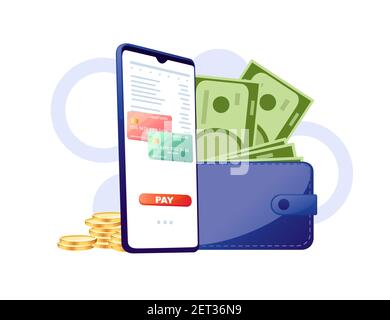 Blue wallet with dollars and credit cards red pay button e-commerce vector illustration on white background Stock Vector
