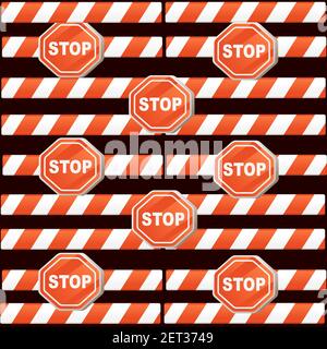 Seamless pattern of STOP sign with red ribbon vector illustration on dark background Stock Vector