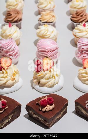 Cakes and muffins in rows on grey background. Close-up. Sweet delicious confectionery. Stock Photo
