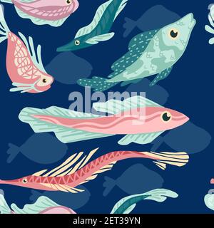 Seamless pattern of sea exotic fishes flat vector illustration on blue background Stock Vector