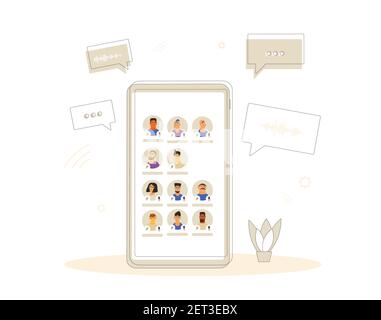 Social media networking app. Audio chat. Talking with friends with voice and phone. Online conference with different people. Vector illustrator. Stock Vector