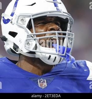 Indianapolis Colts outside linebacker Darius Leonard (53) pushes away New  England Patriots wide receiver Jakobi Meyers after intercepting a pass  during the first half of an NFL football game Saturday, Dec. 18