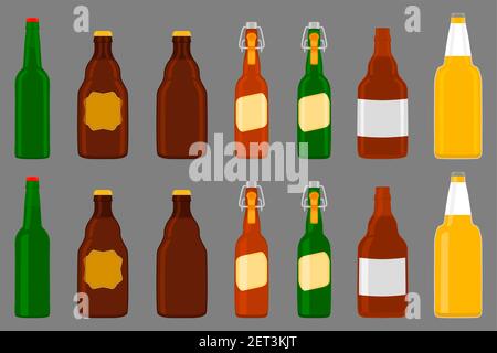 Illustration on theme big kit beer glass bottles with lid for brewery. Pattern beer consisting of many identical glass bottles on dark background. Gla Stock Vector