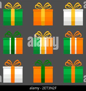 Irish holiday St Patrick day, big set gift boxes with ribbon. Pattern St Patrick day consisting of many different gift boxes in ribbon. Gift boxes fro Stock Vector