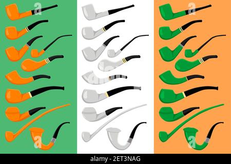 Irish holiday St Patrick day, big set color smoking pipes. Pattern St Patrick day consisting of many different smoking pipes on colored background. Sm Stock Vector