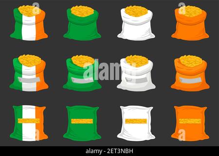 Irish holiday St Patrick day, big set color bags of coins. Pattern St Patrick day consisting from many different coins in bags on black background. Co Stock Vector
