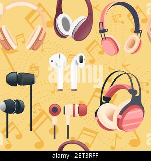 Seamless pattern of different headphones wireless and wired vector illustration on yellow background with notes Stock Vector