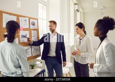 Business team analyzes sales graphs and charts, develops a new strategy, discussing work issues. Stock Photo