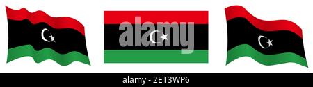 Libya flag in static position and in motion, fluttering in wind in exact colors and sizes, on white background Stock Vector