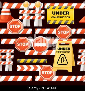 Seamless pattern of different Under construction sign with red ribbon and red cone vector illustration on dark background Stock Vector