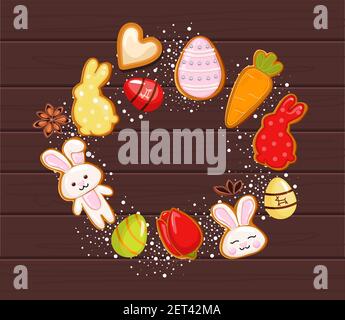 Easter gingerbread cookies in a circle, Easter holiday, colored eggs. On a background with wood texture. vector Stock Vector