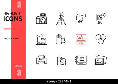 Photography concept - line design style icons set. Photo studio equipment and services. Camera, tripod, flash, lightbox, lens, film, correction, color Stock Vector