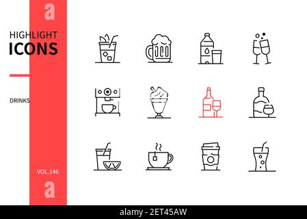 Drinks - modern line design style icons set. Cafe menu, different soft, hot and alcoholic beverages. Images of mojito, beer, water, champagne, coffee, Stock Vector