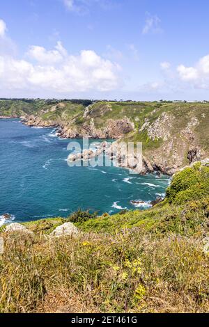 The beautiful rugged south coast of Guernsey, Channel Islands UK viewed from Icart Point Stock Photo
