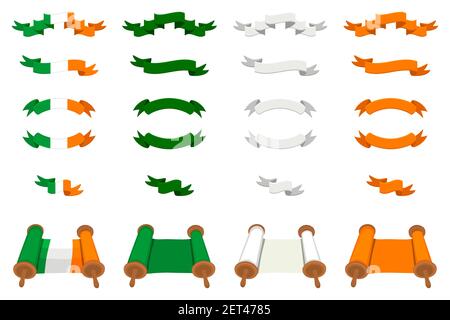Irish holiday St Patrick day, big set scrolls paper ribbon. St Patrick day consisting of many different scrolls paper ribbon on background. Scrolls pa Stock Vector