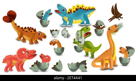 Dinosaurs Tyrannosaurus, Brachiosaurus, Pterodactyl, Triceratops, Stegosaurus cartoon character. Dinosaurs hatching from an egg. 3D vector illustration Stock Vector