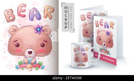 Cute bear - poster and merchandising. Stock Vector