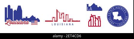 Louisiana real estate agency. US realty emblem icon set. Flat vector illustration. American flag colors. Big city and suburbs. Simple silhouette map i Stock Vector