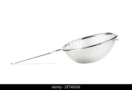 Stainless steel sieve with plastic handle isolated on white background. Kitchen utensils. Copy space. Stock Photo