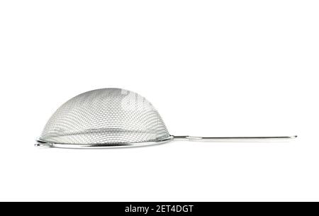 Metal sieve with plastic handle isolated on a white background. Kitchen utensils. Copy space. Stock Photo