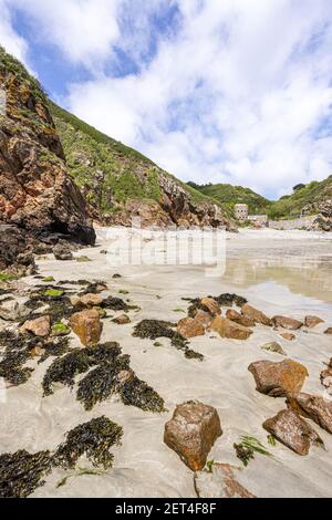 Rock formations in Petit Bot Bay on the beautiful rugged south coast of Guernsey, Channel Islands UK Stock Photo