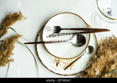 Overhead view of a rustic place setting on a table Stock Photo